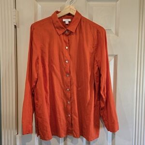 100% Linen Orange Button Down Blouse Womens M Tangerine Lightweight Top Resort